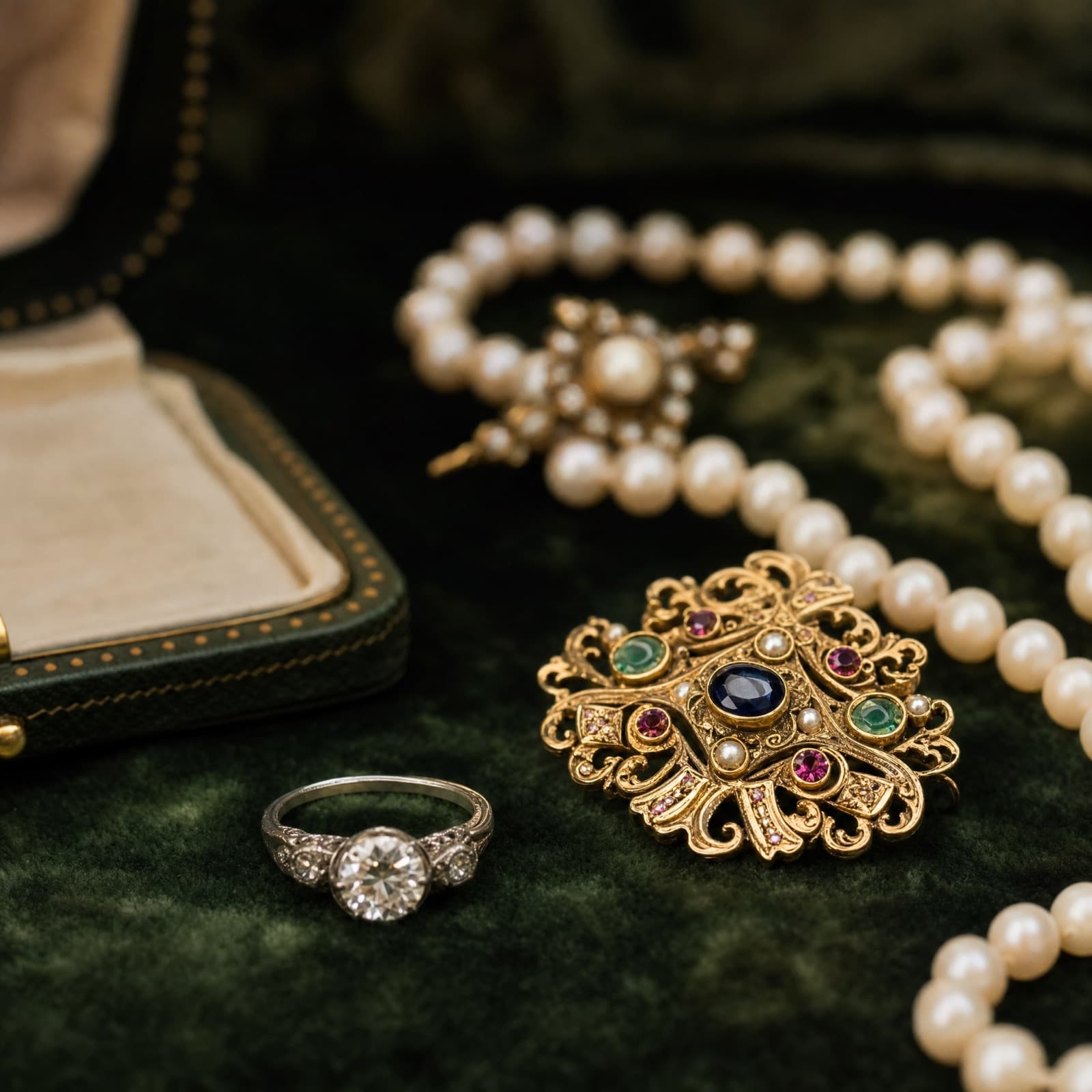Antiker Schmuck – Perlenkette, Goldbrosche und Ring auf Samt