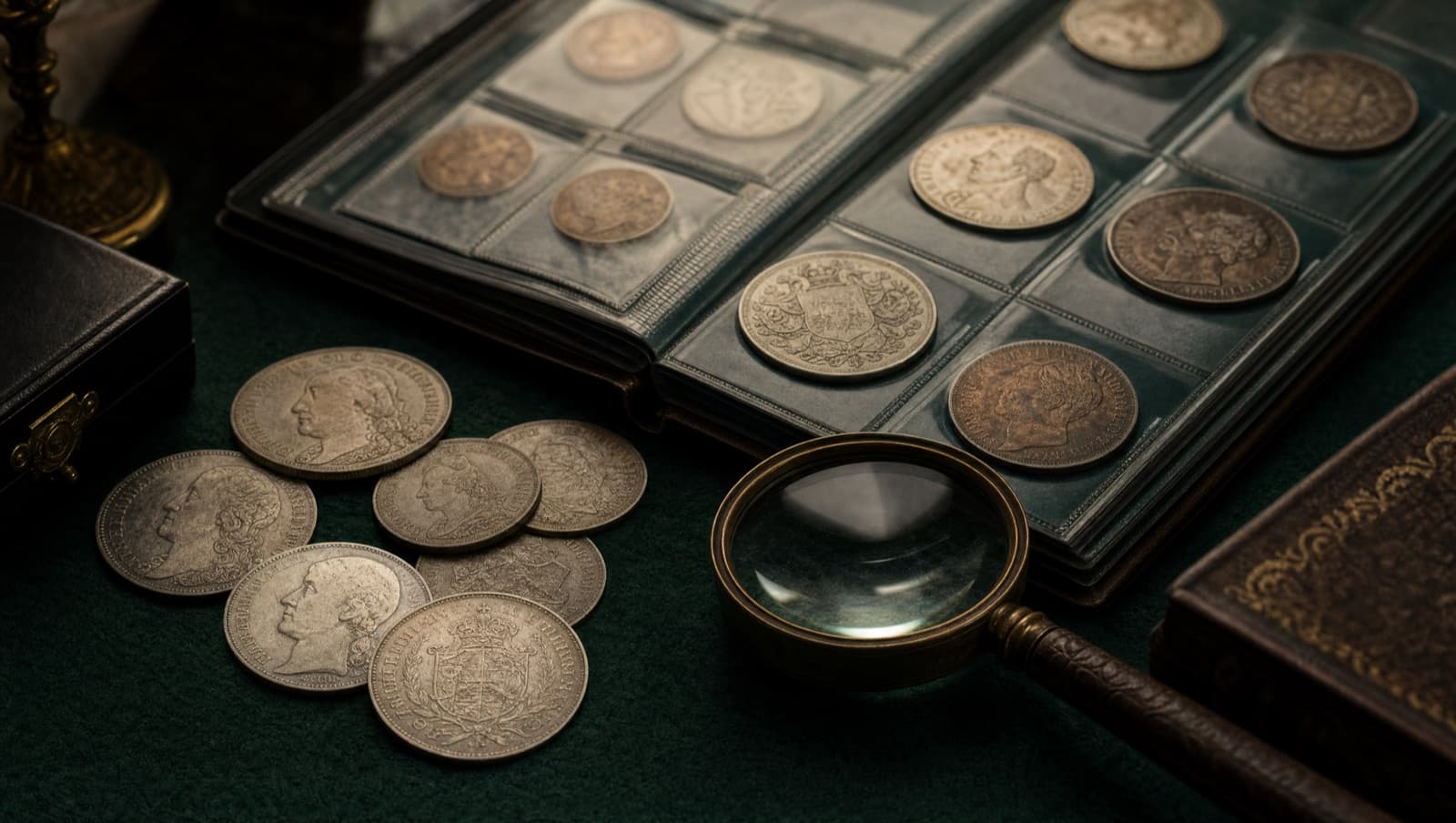 Münzsammlung mit Silber- und Goldmünzen, Album und Lupe
